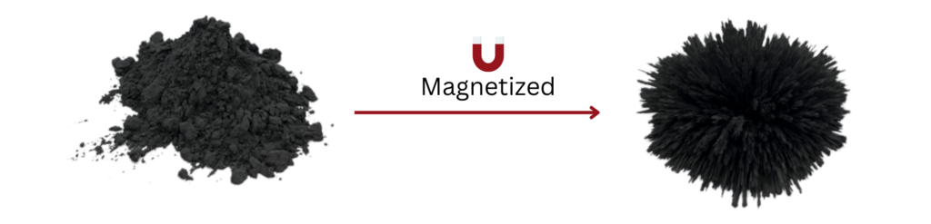 Comparison of magnetized and unmagnetized magnetorheological polymer (MRP), illustrating structural differences under a magnetic field