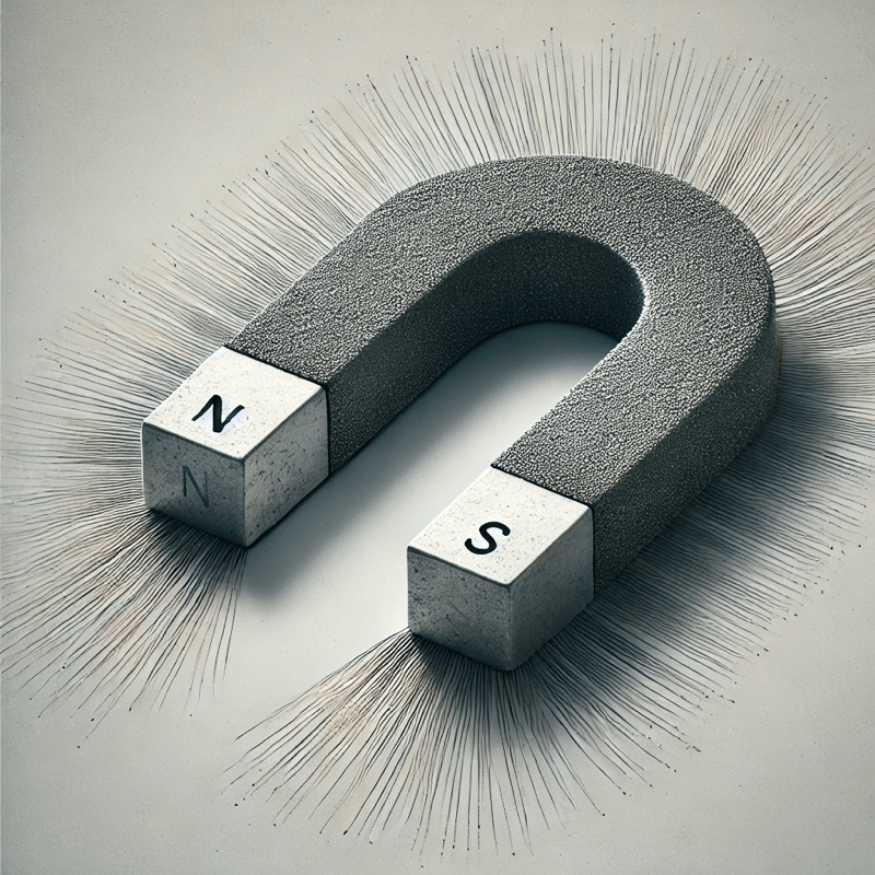 Magnetic field demonstration with iron filings showing the magnetic field lines around a bar magnet, illustrating the direction and strength of magnetic forces from the north to the south pole.